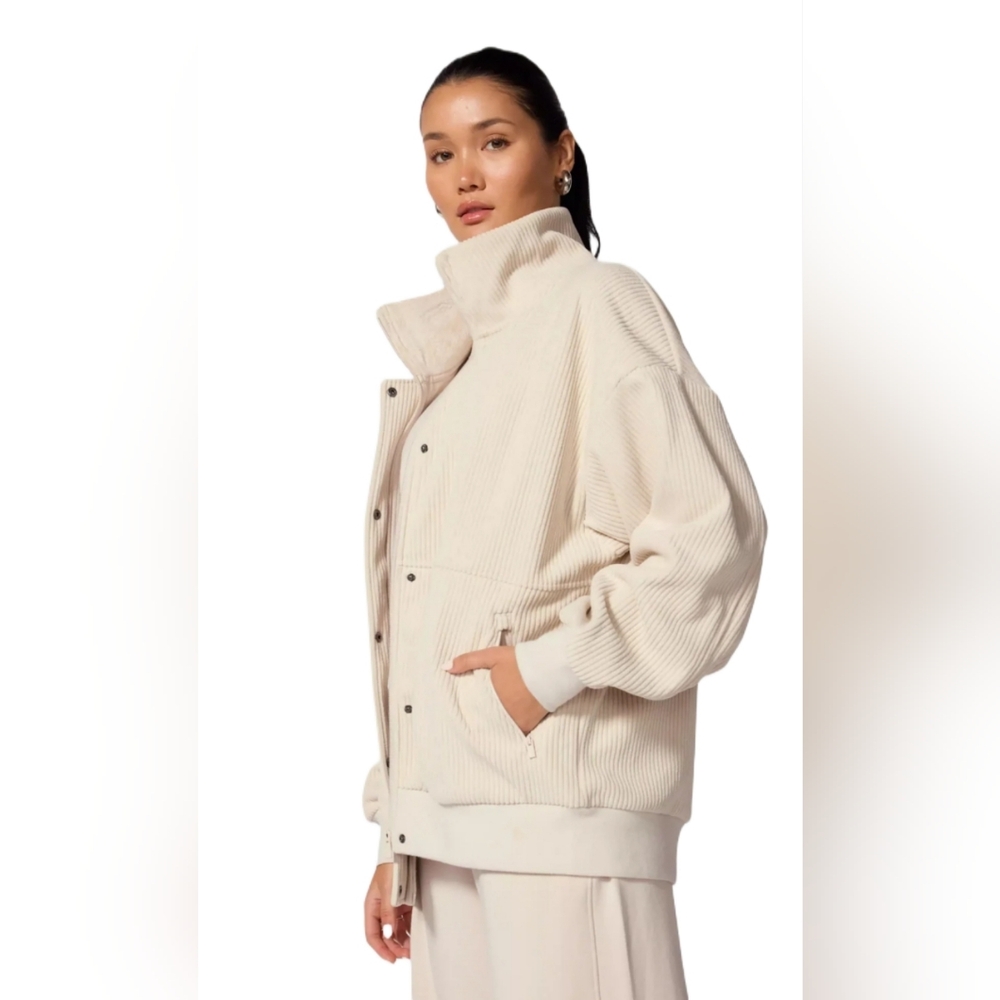 MPG Oversized Ribbed Fleece Jacket Women's M Cozy Neutral Layering Zip Up
